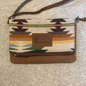 Pendleton foldover leather and wool clutch